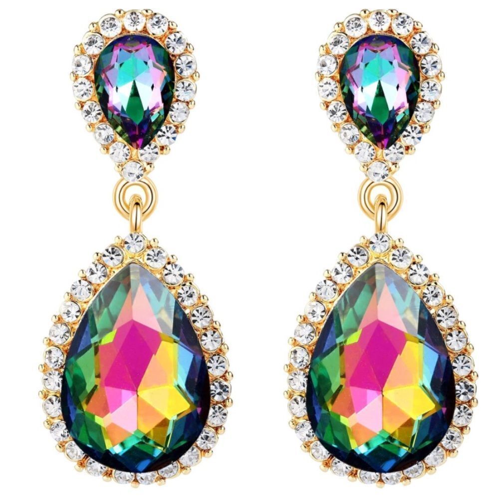 Yellow Gold with Vitrail Medium and Diamond Austrian Crystal Teardrop Earrings